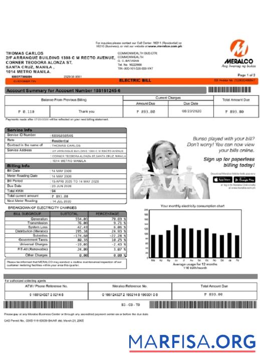 Printable Philippines Meralco electricity utility bill template in Word and PDF format